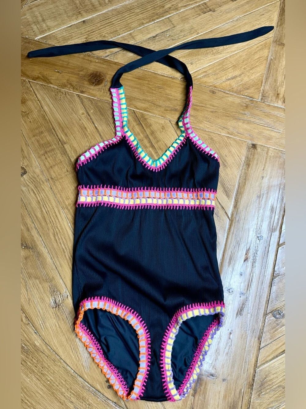 PilyQ Girls Size 16 One-Piece Halter Swimsuit Black Ribbed Blanket Stitch Croche
